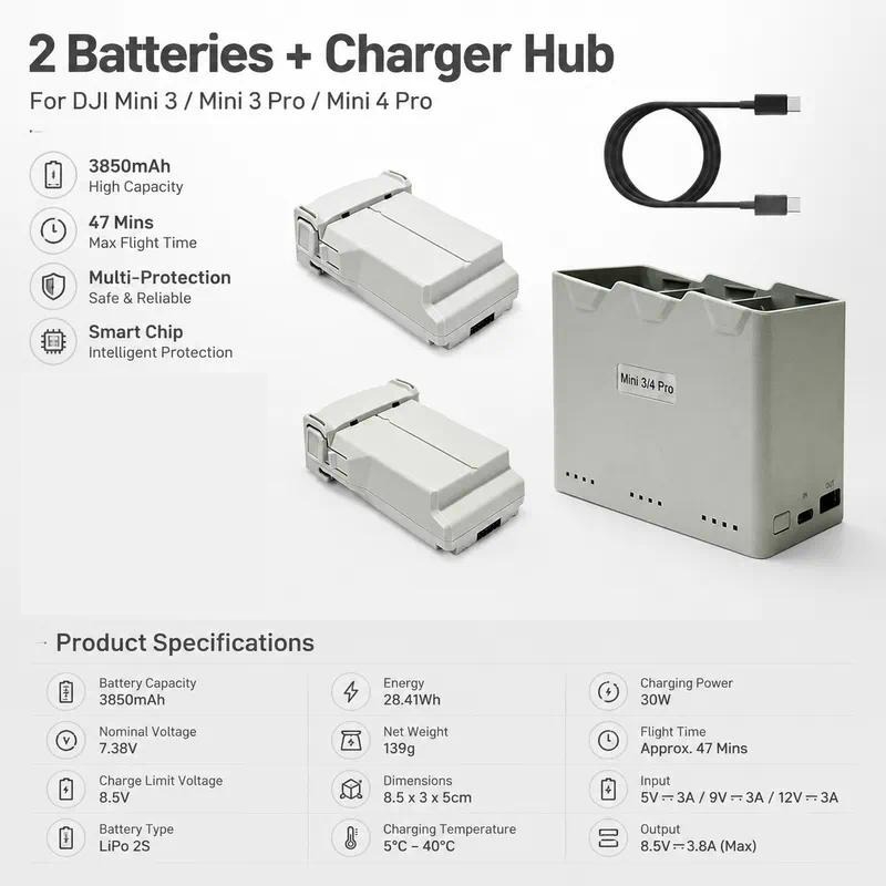 Drone Charging Hub - DJI Mini 3 4 Proシリーズドローン用交換バッテリーとX2充電ハブセット