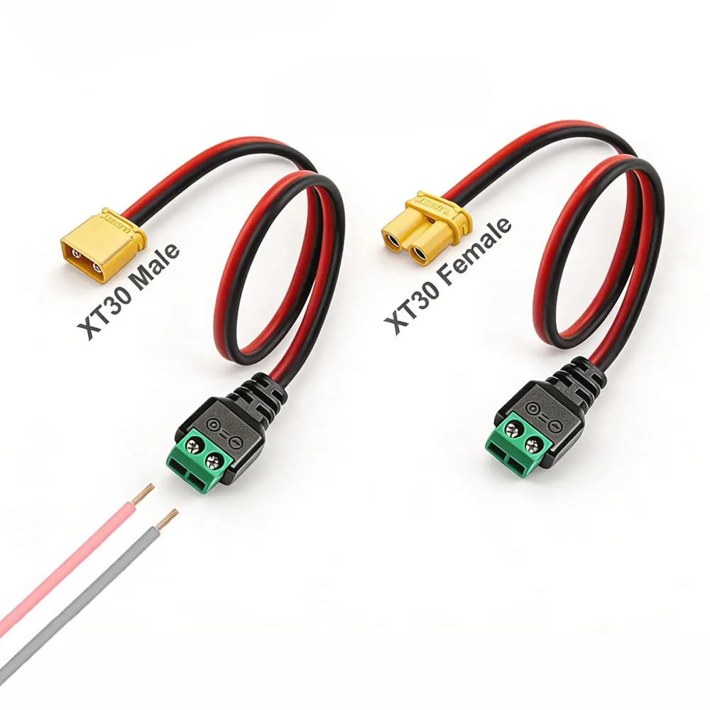 Drone Battery Adapter - XT30オス・メスコネクタプラグを無はんだ2ピンネジ端子アダプターに接続し、FPVドローン、RCリポ、固定翼機のバッテリー接続に使用します。
